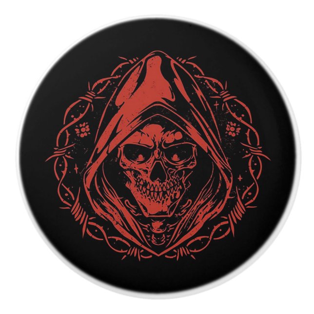 Red Hooded Skull Gothic Ceramic Knob (Front)