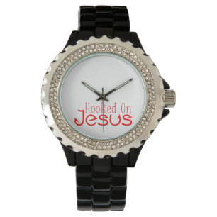 Red Hooked On Jesus Black Rhinestone Watch