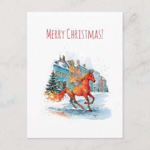 Red horse galloping through a snowy, Christmas Holiday Postcard
