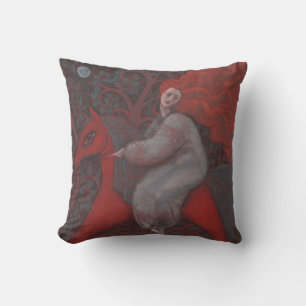 “Red Horse”, ginger woman, folk art, earth shades Cushion