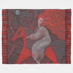 “Red Horse”, ginger woman, folk art, earth shades Fleece Blanket