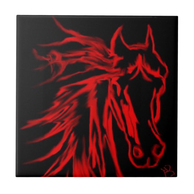 Red Horse on Black Original Art  Ceramic Tile (Front)