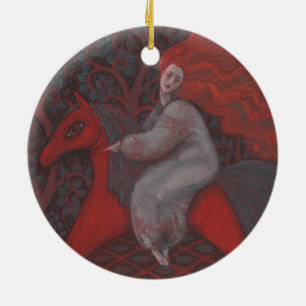 “Red Horse”, redhead woman, fantasy surreal art Ceramic Tree Decoration