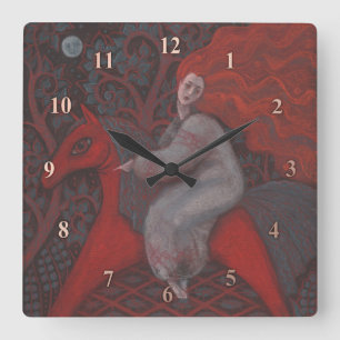 “Red Horse”, redhead woman, fantasy surreal art Square Wall Clock