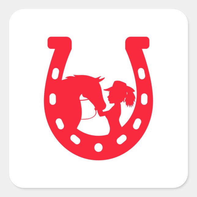 Red Horseshoe Girl and Horse Square Sticker (Front)