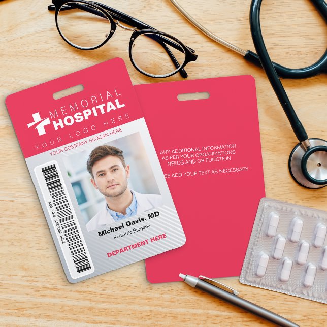 Red Hospital ID Badge with Photo & Barcode (Creator Uploaded)