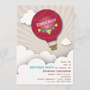 Red Hot Air Balloon & Clouds Kids' Birthday Invitation