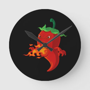 red hot chilli pepper with flame round clock