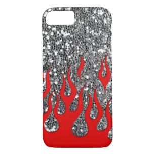 Red Hot Flames on Silver Glitter Look iPhone 8/7 Case