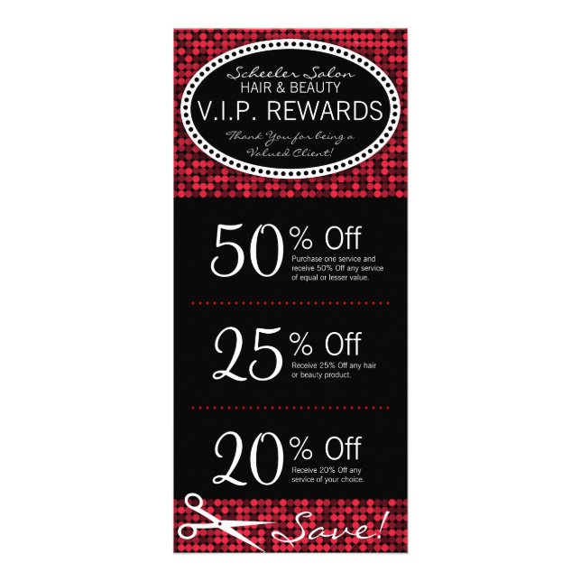Red Hot Glam Custom Salon Coupon Rack Cards (Front)