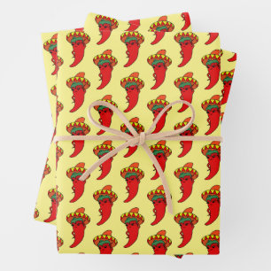 Red Hot Kawaii Pepper Diva Mexican Hat Wrapping Paper Sheet