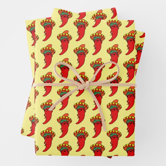 Red Hot Kawaii Pepper Diva Mexican Hat Wrapping Paper Sheet (In situ)