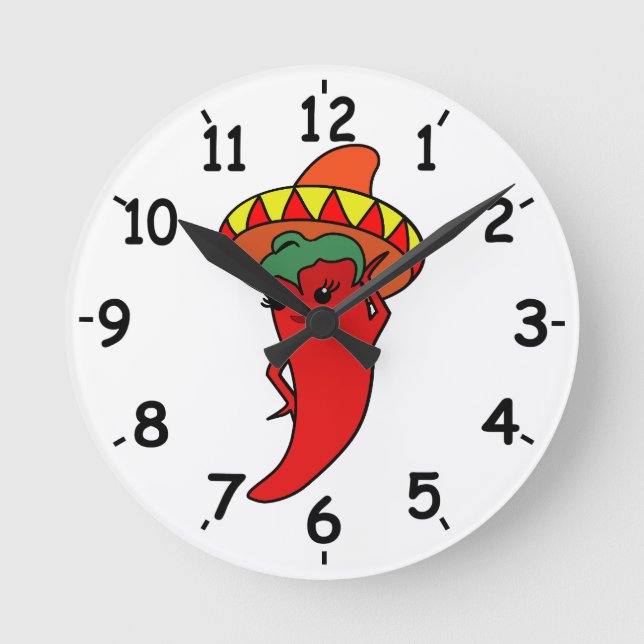 Red Hot Kawaii Pepper Diva Mexican Sombrero  Round Clock (Front)