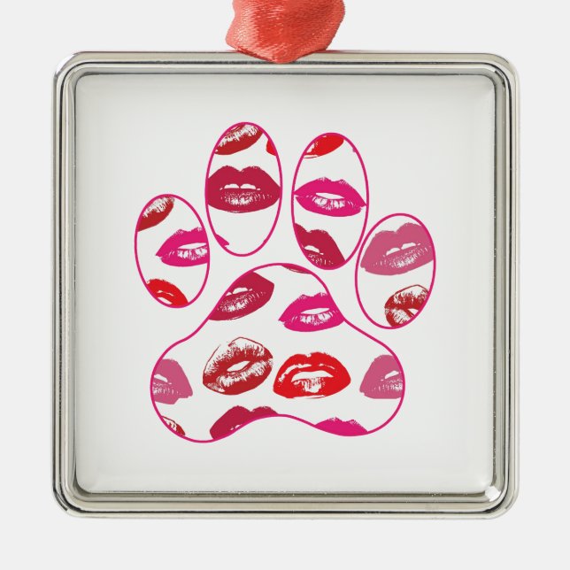 Red Hot Lips Dog Paw Print Metal Tree Decoration (Front)