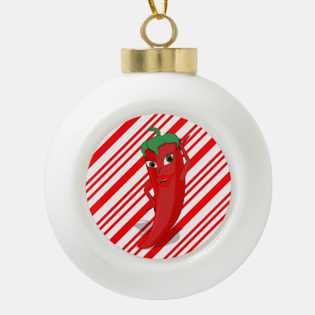 Red Hot Pepper Diva Candy Cane Ceramic Ball Christmas Ornament (Front)