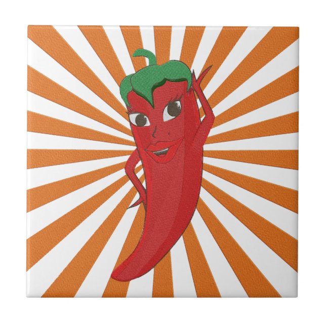 Red Hot Pepper Diva Faux Embroidery Print Ceramic Tile (Front)
