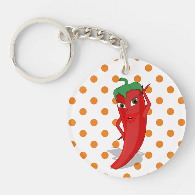 Red Hot Pepper Diva Orange Polka Dot Pattern Key Ring (Front)