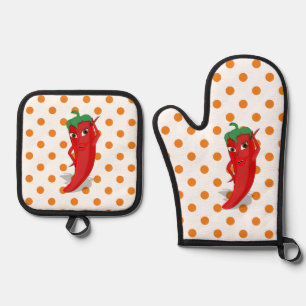 Red Hot Pepper Diva Orange Polka Dots Oven Mitt & Pot Holder Set