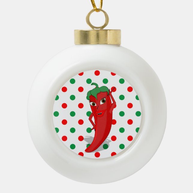 Red Hot Pepper Diva Red Green Polka Dots  Ceramic Ball Christmas Ornament (Front)