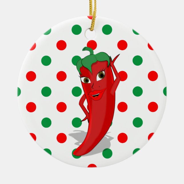 Red Hot Pepper Diva Red Green Polka Dots Ceramic Ornament (Front)
