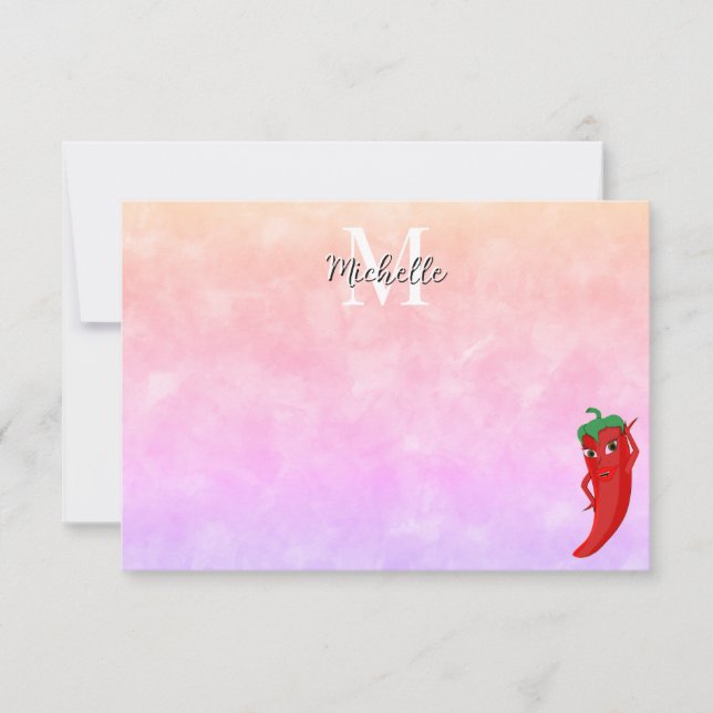 Red Hot Pepper Diva Watercolor Custom Mongram Card (Front)