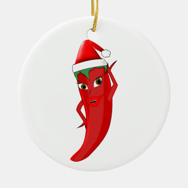 Red Hot Pepper Diva With Santas Hat Ceramic Ornament (Front)
