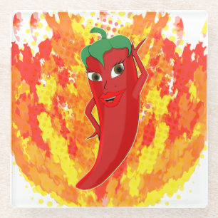 Red Hot Pepper Fire Flames Glass Coaster