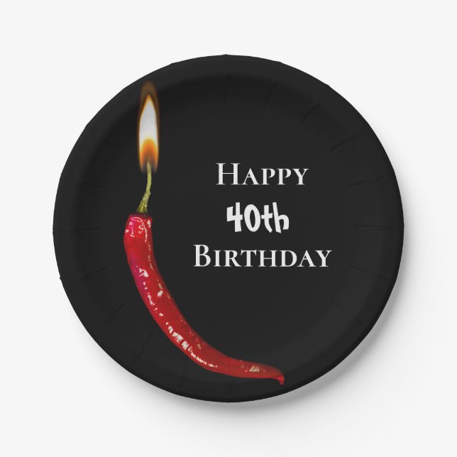 red hot pepper with candle flame 40th birthday paper plate (Front)
