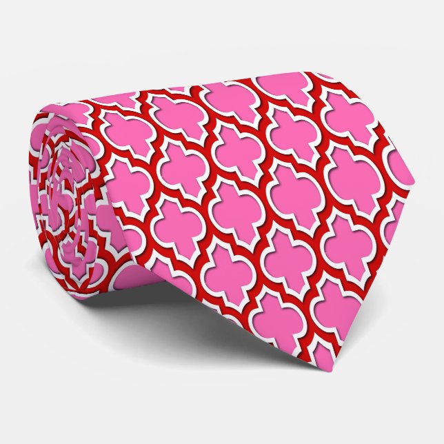 Red Hot Pink White Moroccan Quatrefoil #4DS DIY BG Tie (Rolled)