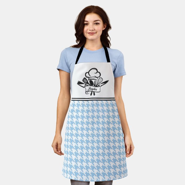 Red Houndstooth Personalised Apron (Worn)