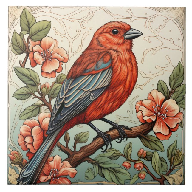 Red House Finch, art nouveau Ceramic Tile (Front)