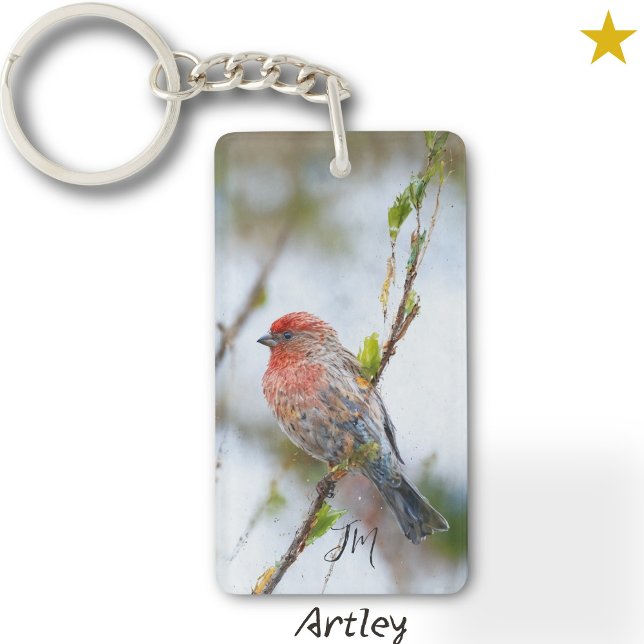 Red House Finch Bird Painting Initial Birdwatcher  Key Ring (Creator Uploaded)