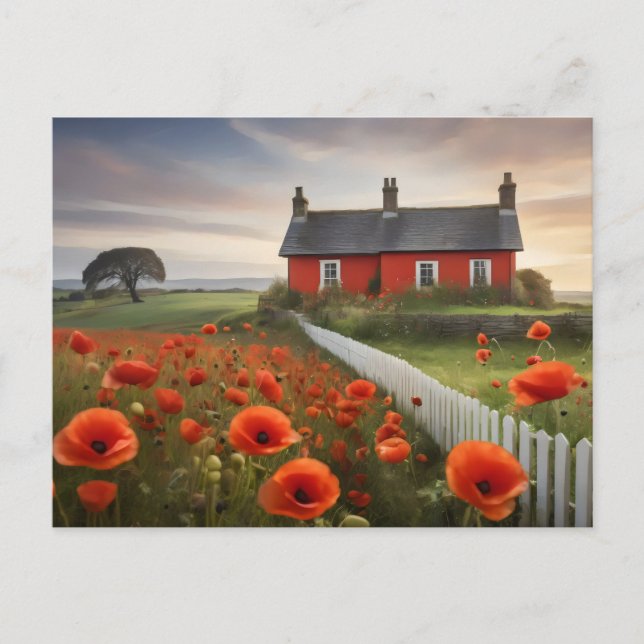 Red house in meadow with picket fence postcard (Front)