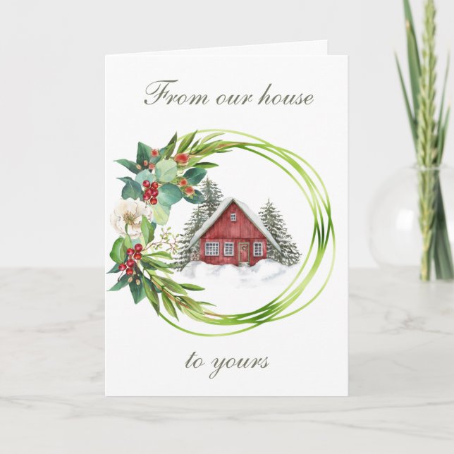 Red House with a Magnolia and Berry Wreath Holiday Card (Front)