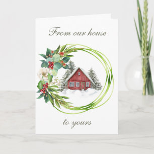 Red House with a Magnolia and Berry Wreath Holiday Card