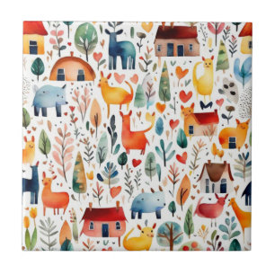 Red houses and houses cute Paper Sheet Ceramic Tile