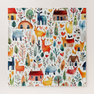 Red houses and houses cute Paper Sheet Jigsaw Puzzle