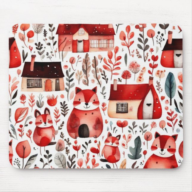 Red houses and houses cute Paper Sheet Mouse Pad (Front)
