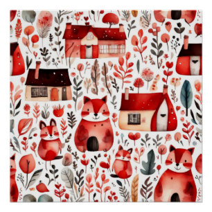 Red houses and houses cute Paper Sheet Poster