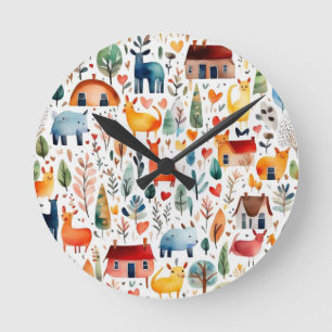 Red houses and houses cute Paper Sheet Round Clock