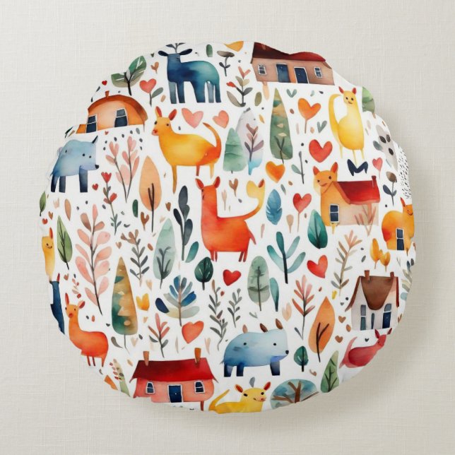 Red houses and houses cute Paper Sheet Round Cushion (Front)
