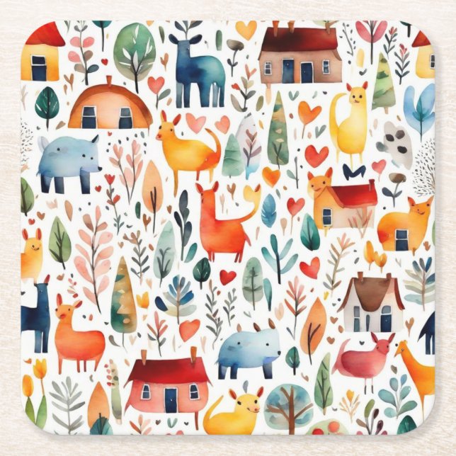 Red houses and houses cute Paper Sheet Square Paper Coaster (Front)