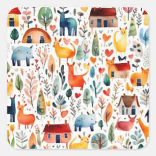 Red houses and houses cute Paper Sheet Square Sticker