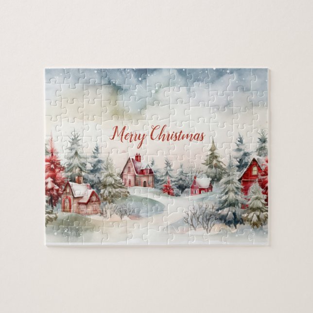 Red Houses Green Pine Trees Christmas Landscape Jigsaw Puzzle (Horizontal)