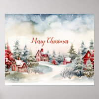 Red Houses Green Pine Trees Christmas Landscape