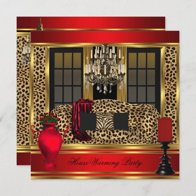 Red Housewarming Party Chandelier Leopard Gold Invitation (Front/Back)