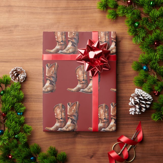 Red Howdy Cowboy Western Boots Wrapping Paper (Holiday Gift)