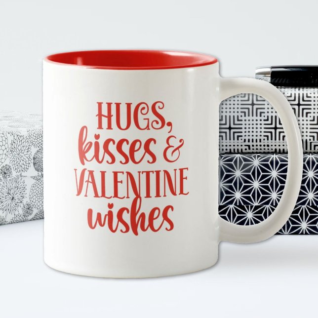 Red Hugs Kisses Valentines Day Coffee Mug (a cute Valentine's Day mug with the words hugs and kisses and Valentine Wishes)