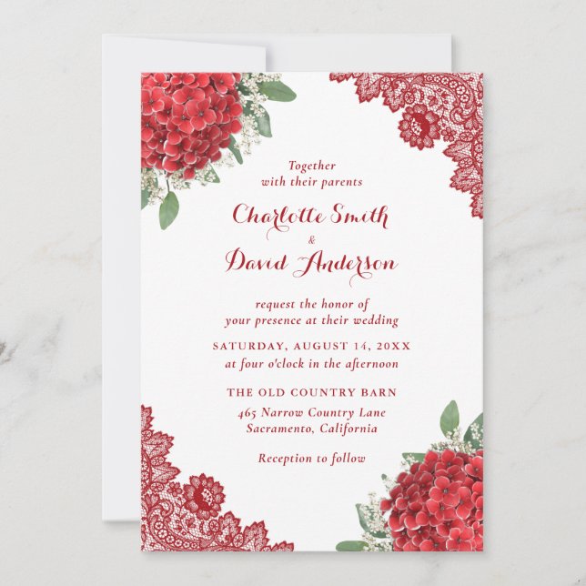 Red Hydrangea Floral Lace Wedding Invitation (Front)