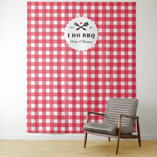 Red I Do BBQ Gingham Plaid Engagement Party Tapestry (In Situ)